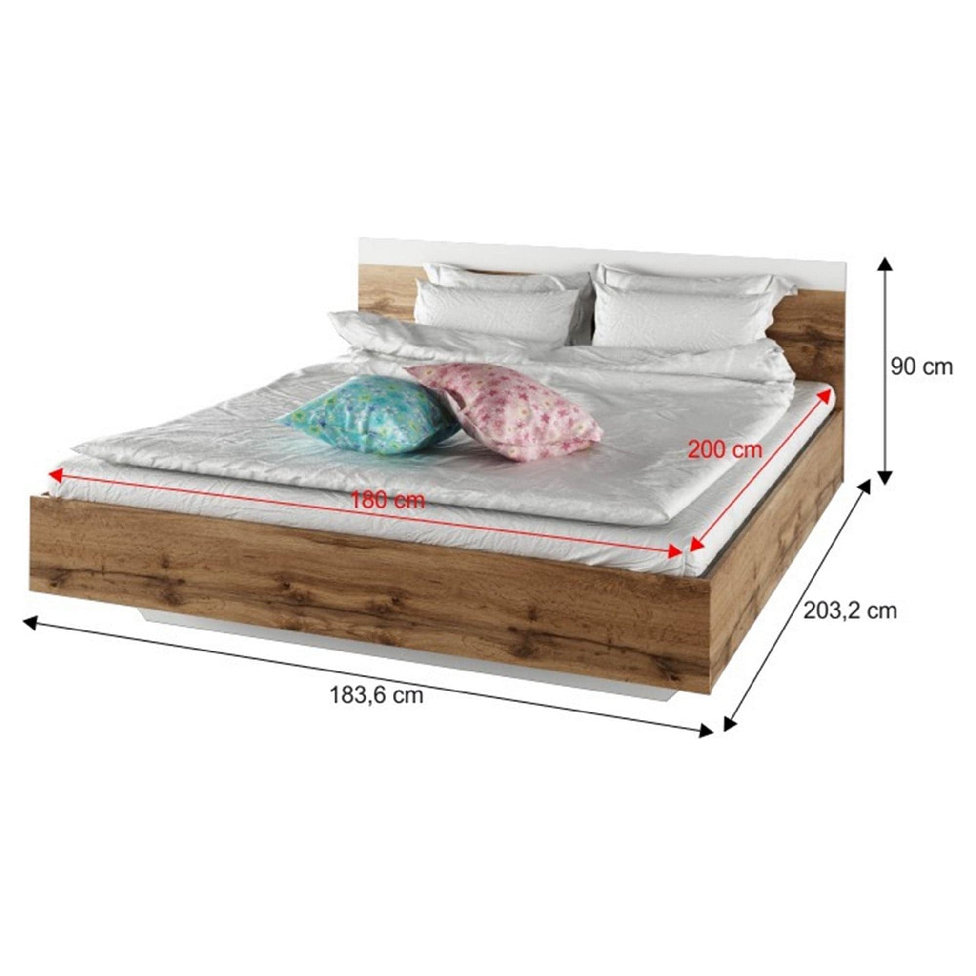 Set dormitor GABRIELA NEW, stejar wotan/alb, DTD laminat/metal, cu pat 180x200 cm, dulap cu 2 usi si 2 noptiere