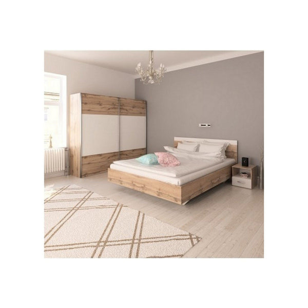 Set dormitor GABRIELA NEW, stejar wotan/alb, DTD laminat/metal, cu pat 180x200 cm, dulap cu 2 usi si 2 noptiere