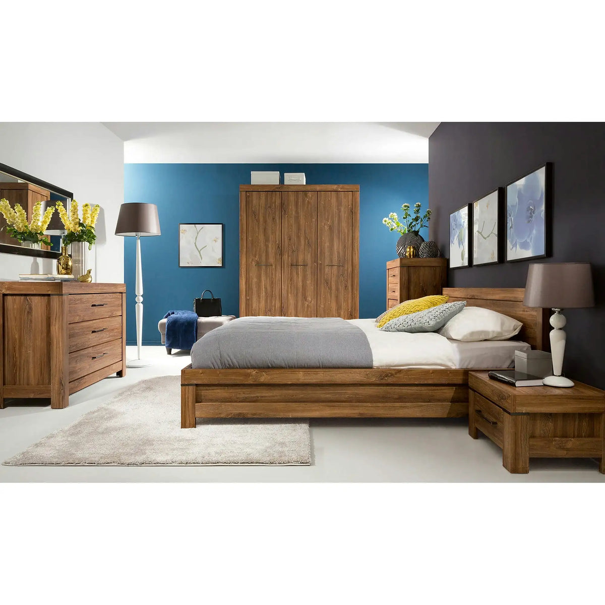 Set dormitor GENT 2, pat 160x200, stejar stirling, dulap cu 3 usi, 2 comode si noptiera