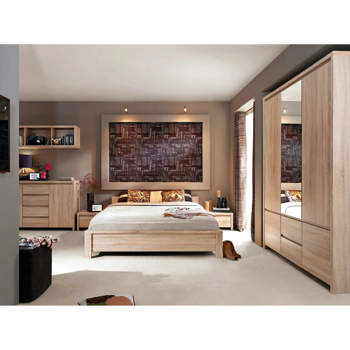 Set dormitor KASPIAN 3, stejar sonoma, pat 160x200, dulap cu 5 usi si 2 sertare, 2 noptiere, comoda si raft