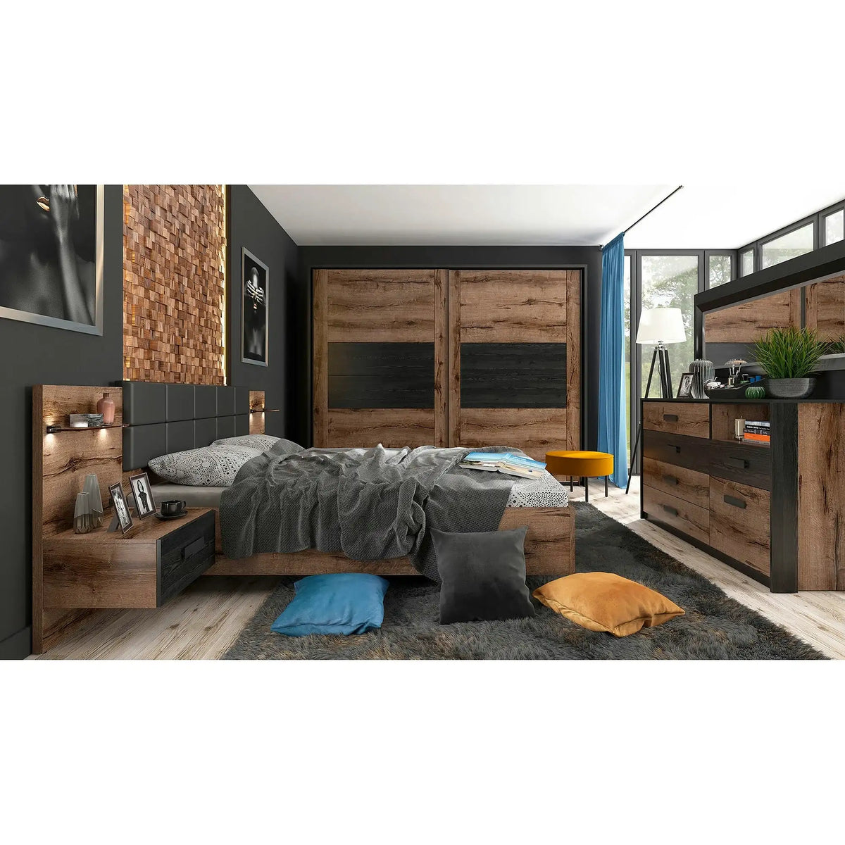 Set dormitor KASSEL, stejar/negru, pat 160x200 cu noptiere, dulap cu 2 usi si comoda