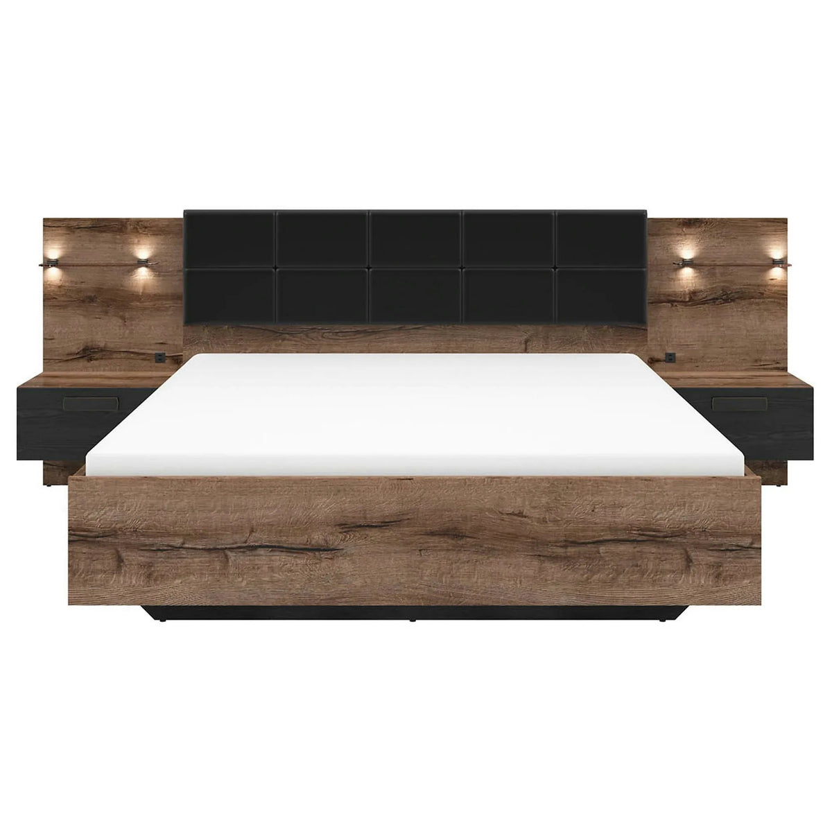 Set dormitor KASSEL, stejar/negru, pat 160x200 cu noptiere, dulap cu 2 usi si comoda