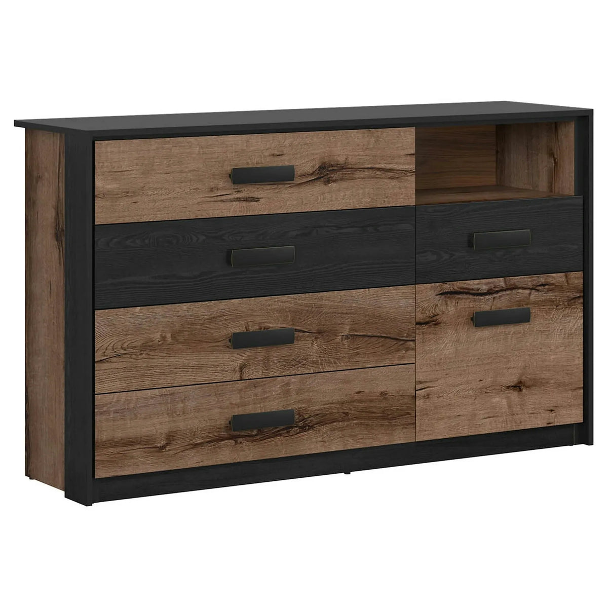 Set dormitor KASSEL, stejar/negru, pat 160x200 cu noptiere, dulap cu 2 usi si comoda