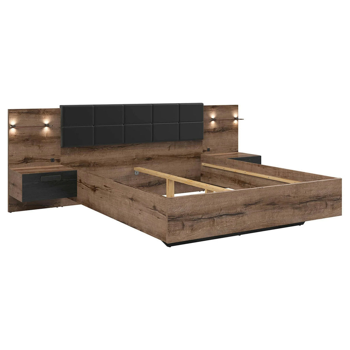 Set dormitor KASSEL, stejar/negru, pat 160x200 cu noptiere, dulap cu 2 usi si comoda