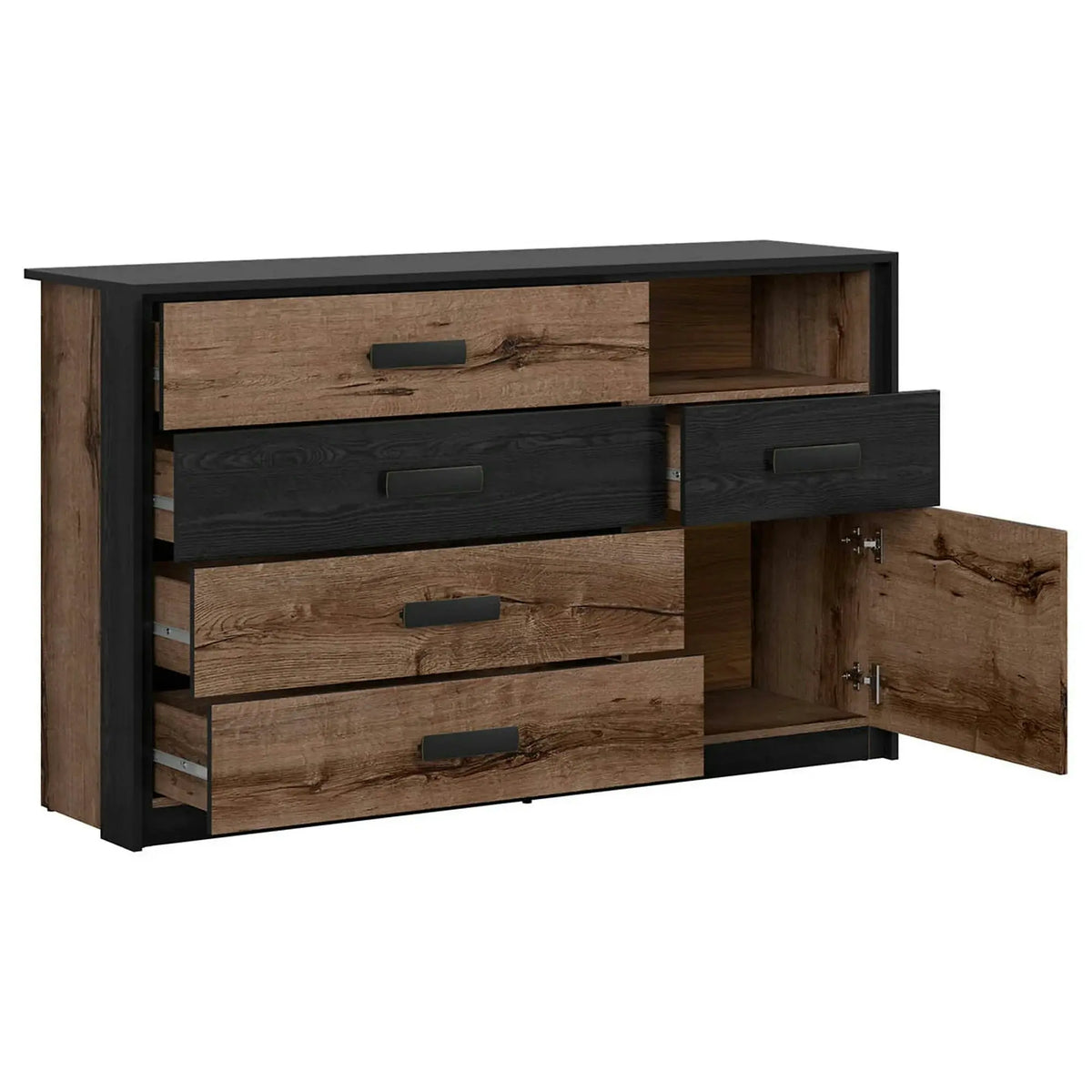 Set dormitor KASSEL, stejar/negru, pat 160x200 cu noptiere, dulap cu 2 usi si comoda
