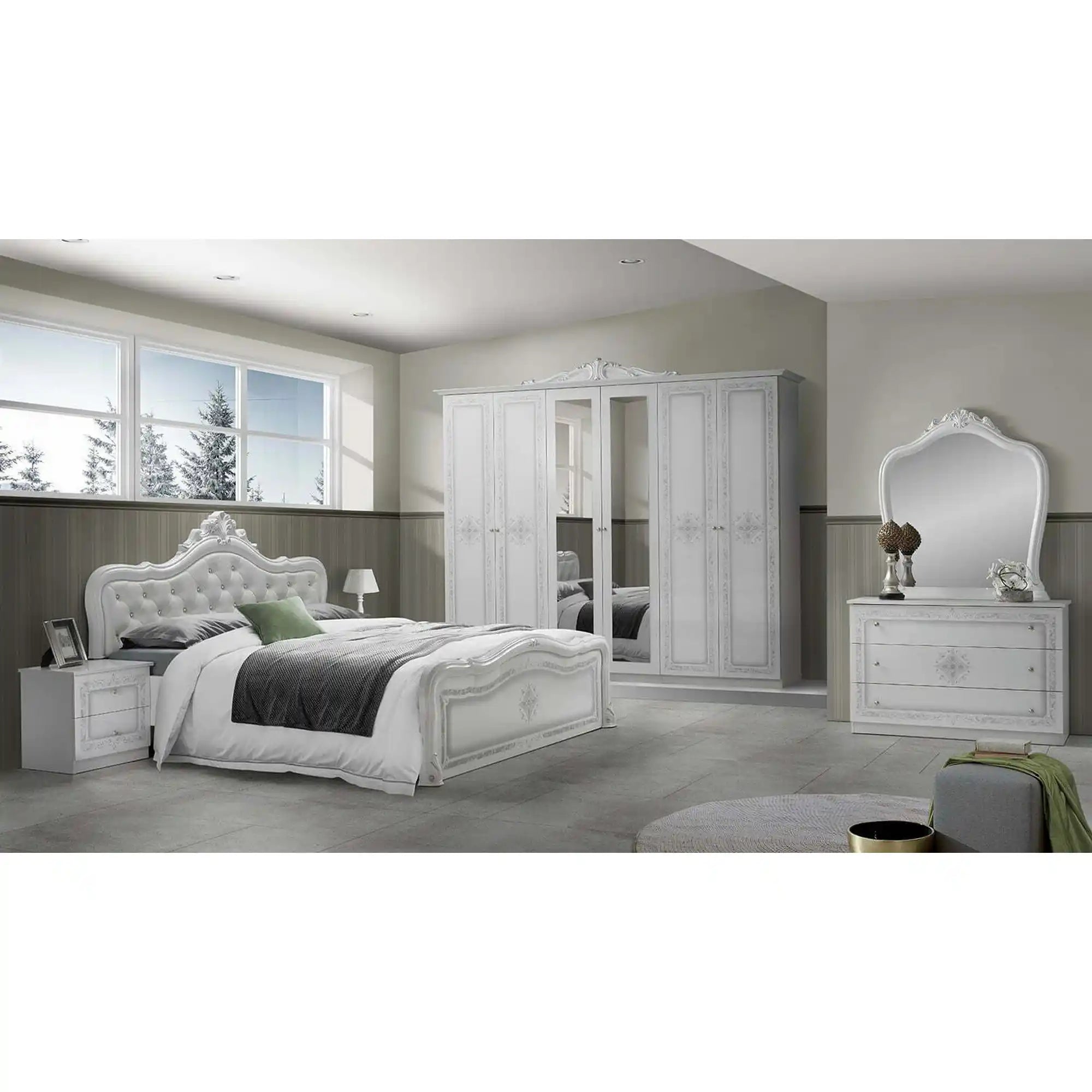 Set dormitor LUISA, alb, cadru pat 160x200 cm, dressing, 2 noptiere, comoda si oglinda