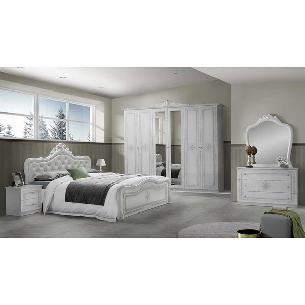 Set dormitor LUISA, alb, cadru pat 160x200 cm, dressing, 2 noptiere, comoda si oglinda