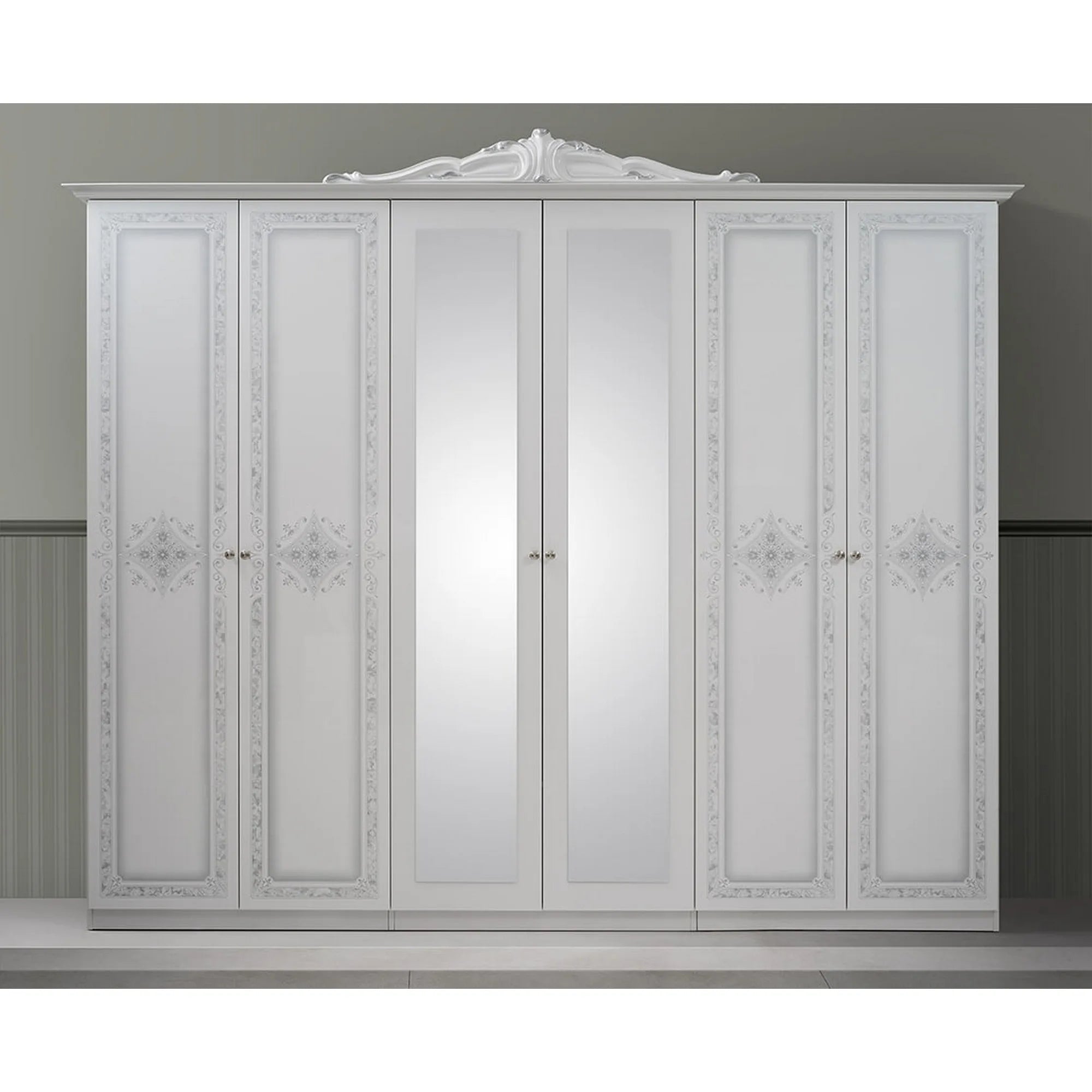 Set dormitor LUISA, alb, cadru pat 160x200 cm, dressing, 2 noptiere, comoda si oglinda