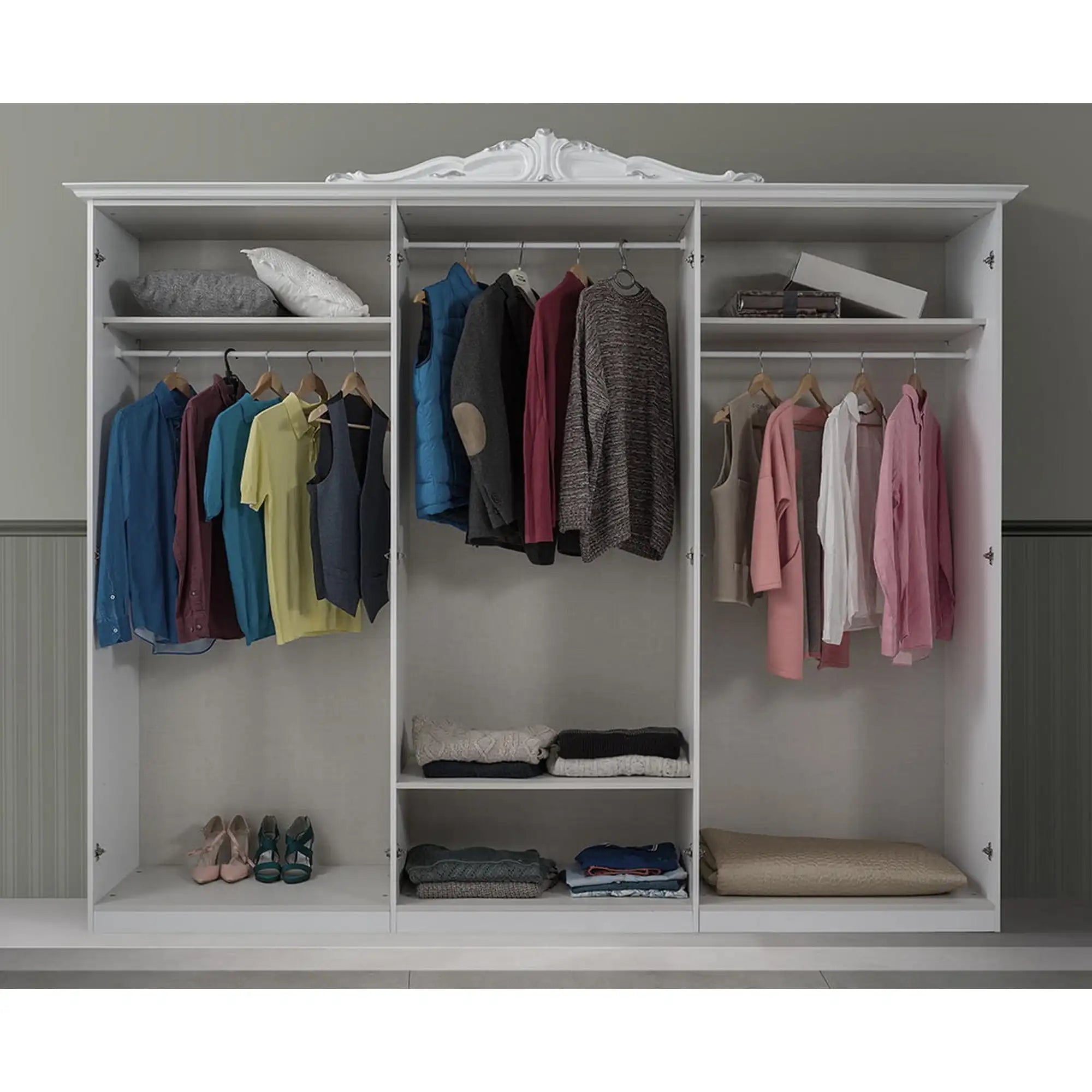 Set dormitor LUISA, alb, cadru pat 160x200 cm, dressing, 2 noptiere, comoda si oglinda