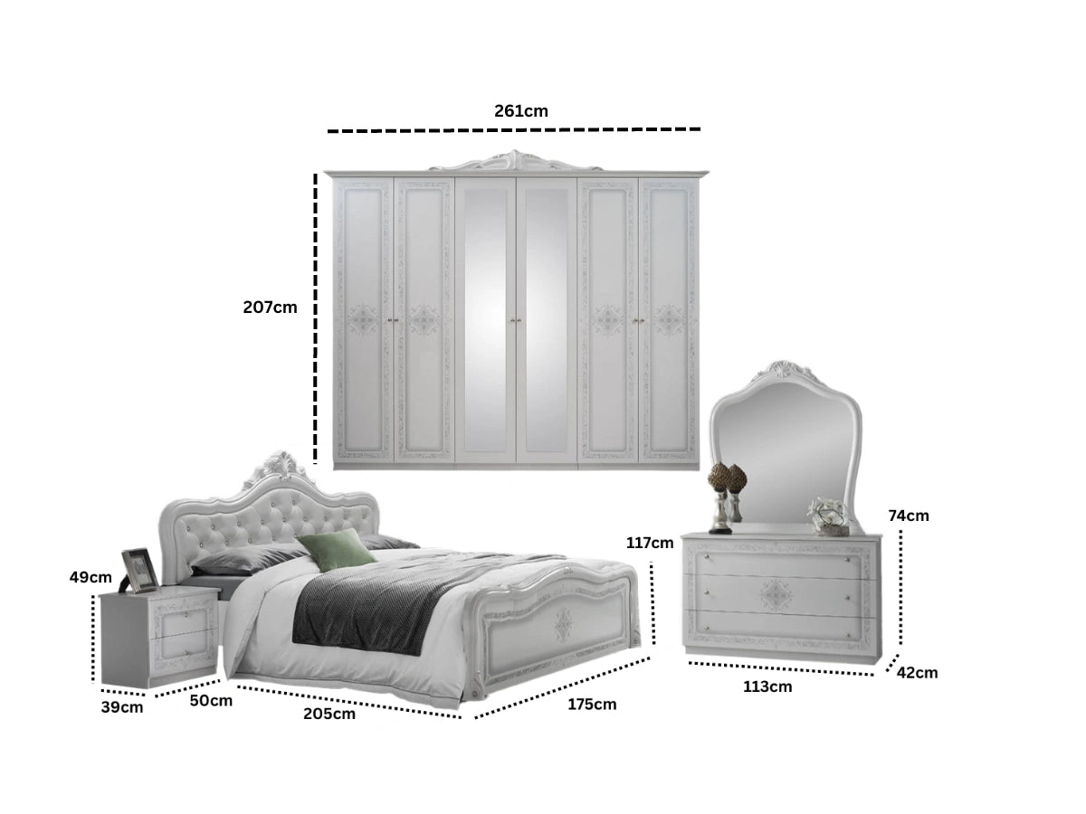 Set dormitor LUISA, alb, cadru pat 160x200 cm, dressing, 2 noptiere, comoda si oglinda