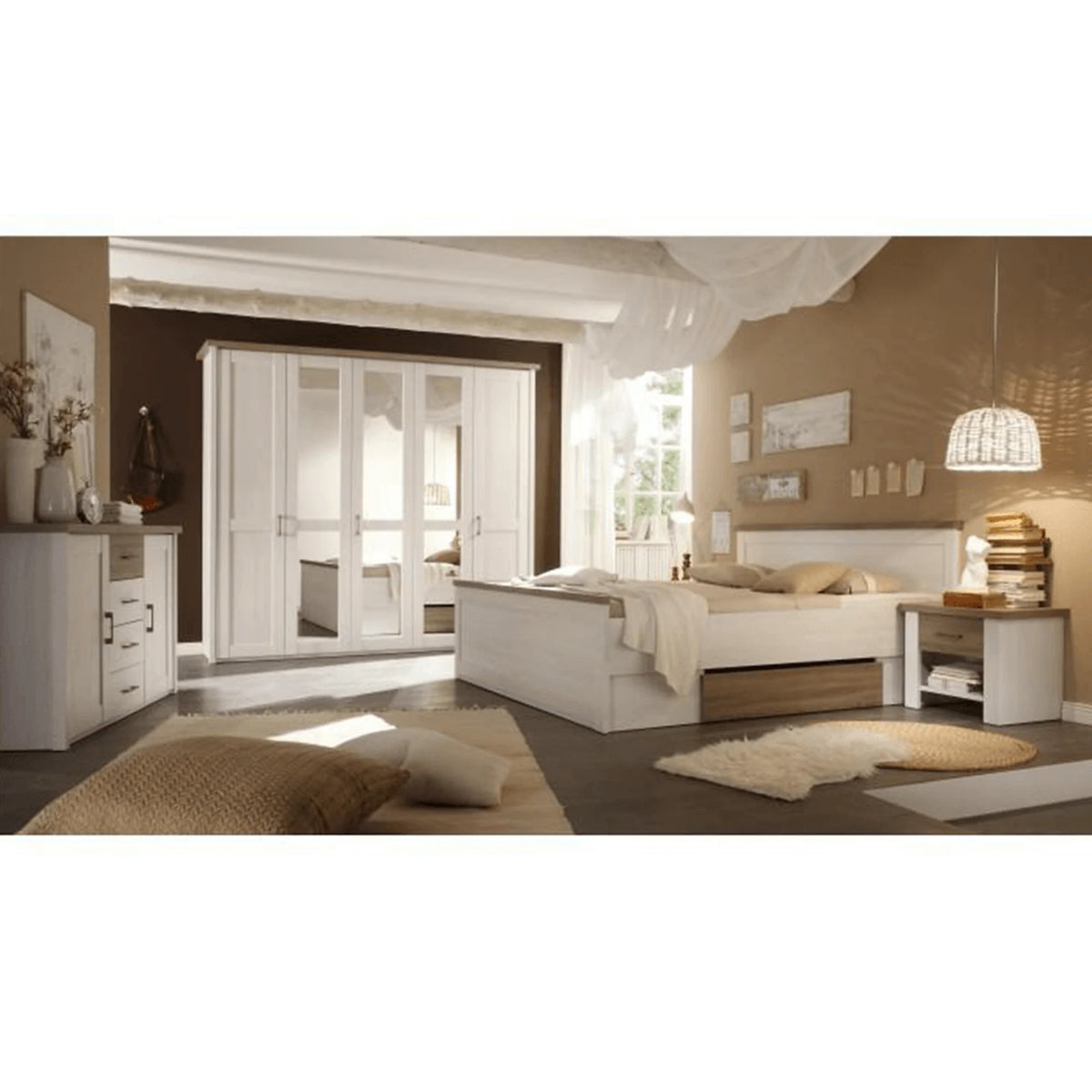 Set dormitor LUMERA, pin alb/stejar sonoma, PAL laminat, cu pat 180x200, dulap cu 5 usi si 2 noptiere