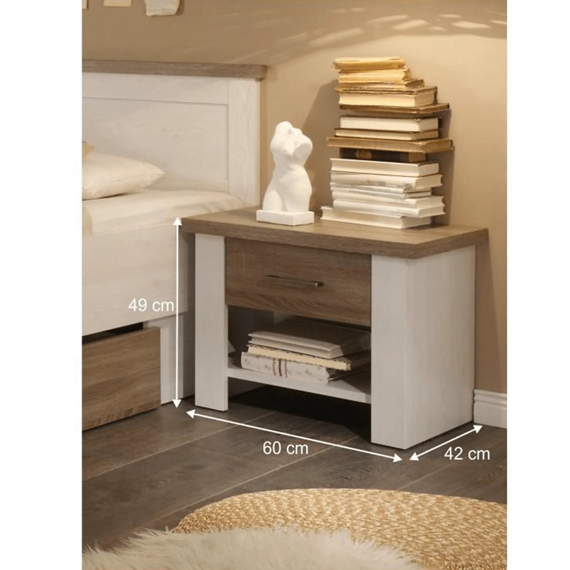Set dormitor LUMERA, pin alb/stejar sonoma, PAL laminat, cu pat 180x200, dulap cu 5 usi si 2 noptiere