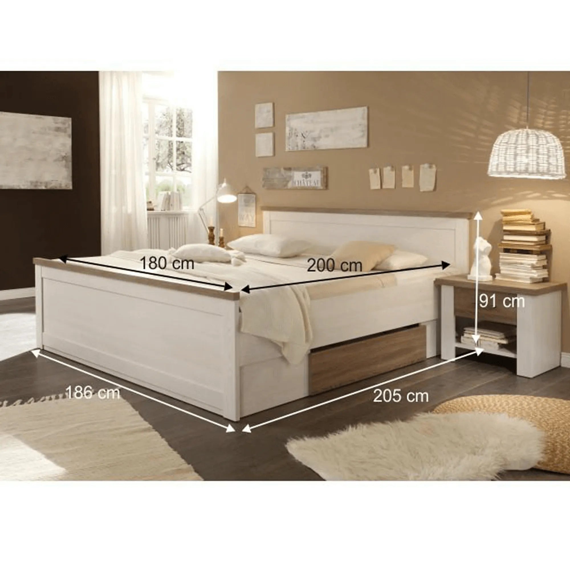 Set dormitor LUMERA, pin alb/stejar sonoma, PAL laminat, cu pat 180x200, dulap cu 5 usi si 2 noptiere