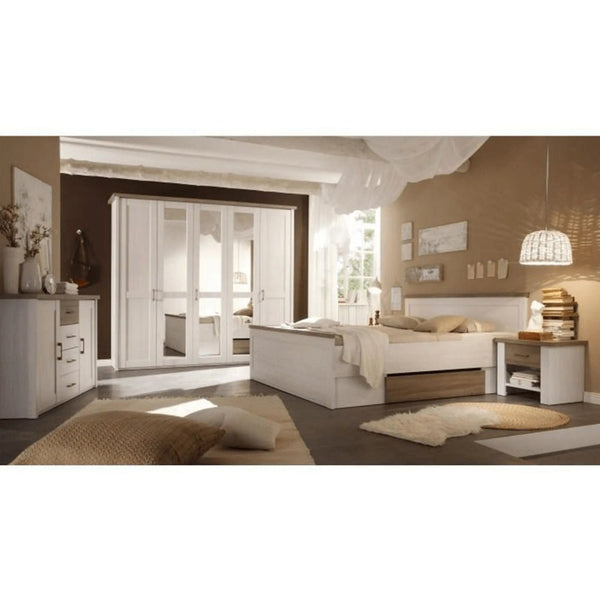 Set dormitor LUMERA, pin alb/stejar sonoma, PAL laminat, cu pat 180x200, dulap cu 5 usi si 2 noptiere