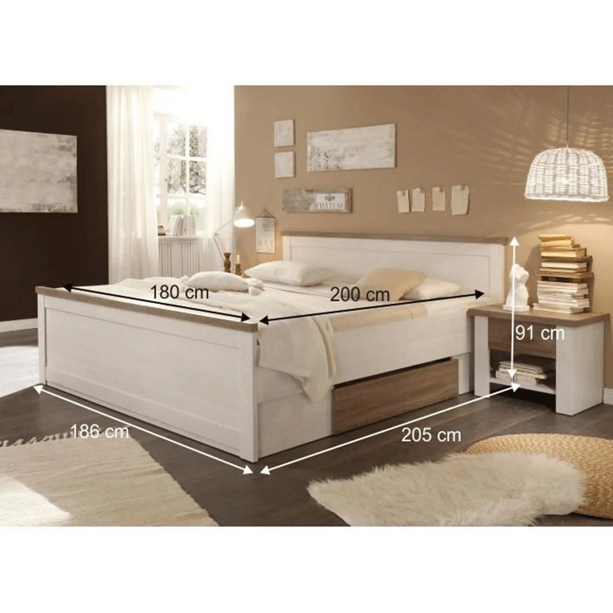 Set dormitor LUMERA, pin alb/stejar sonoma, PAL laminat, cu pat 180x200, dulap cu 5 usi si 2 noptiere