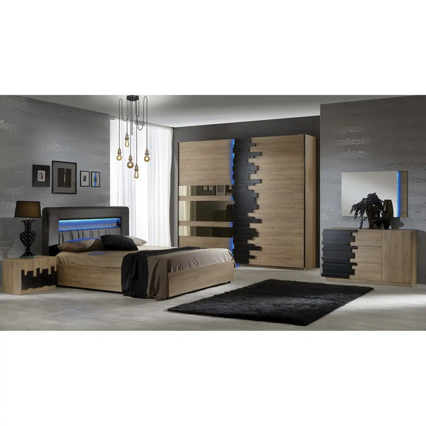 Set dormitor MOZART, negru/stejar, cadru pat 160x200 cm, dressing, 2 noptiere, comoda, oglinda si iluminare LED