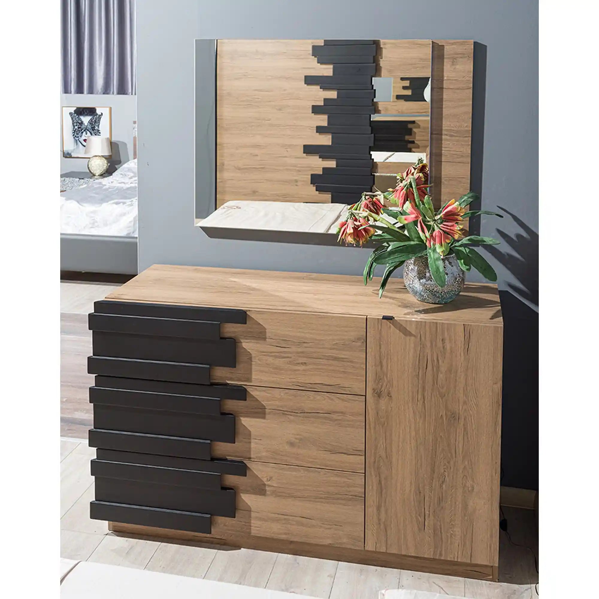 Set dormitor MOZART, negru/stejar, cadru pat 160x200 cm, dressing, 2 noptiere, comoda, oglinda si iluminare LED