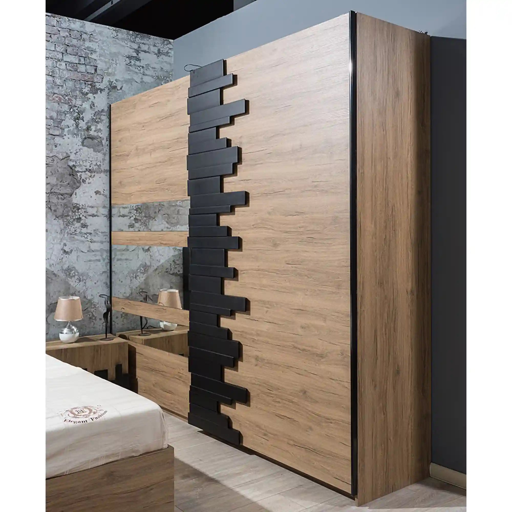 Set dormitor MOZART, negru/stejar, cadru pat 160x200 cm, dressing, 2 noptiere, comoda, oglinda si iluminare LED