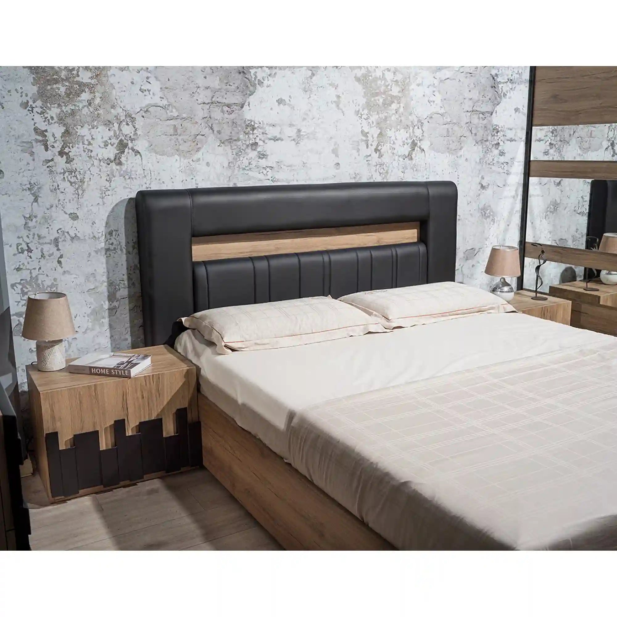 Set dormitor MOZART, negru/stejar, cadru pat 160x200 cm, dressing, 2 noptiere, comoda, oglinda si iluminare LED