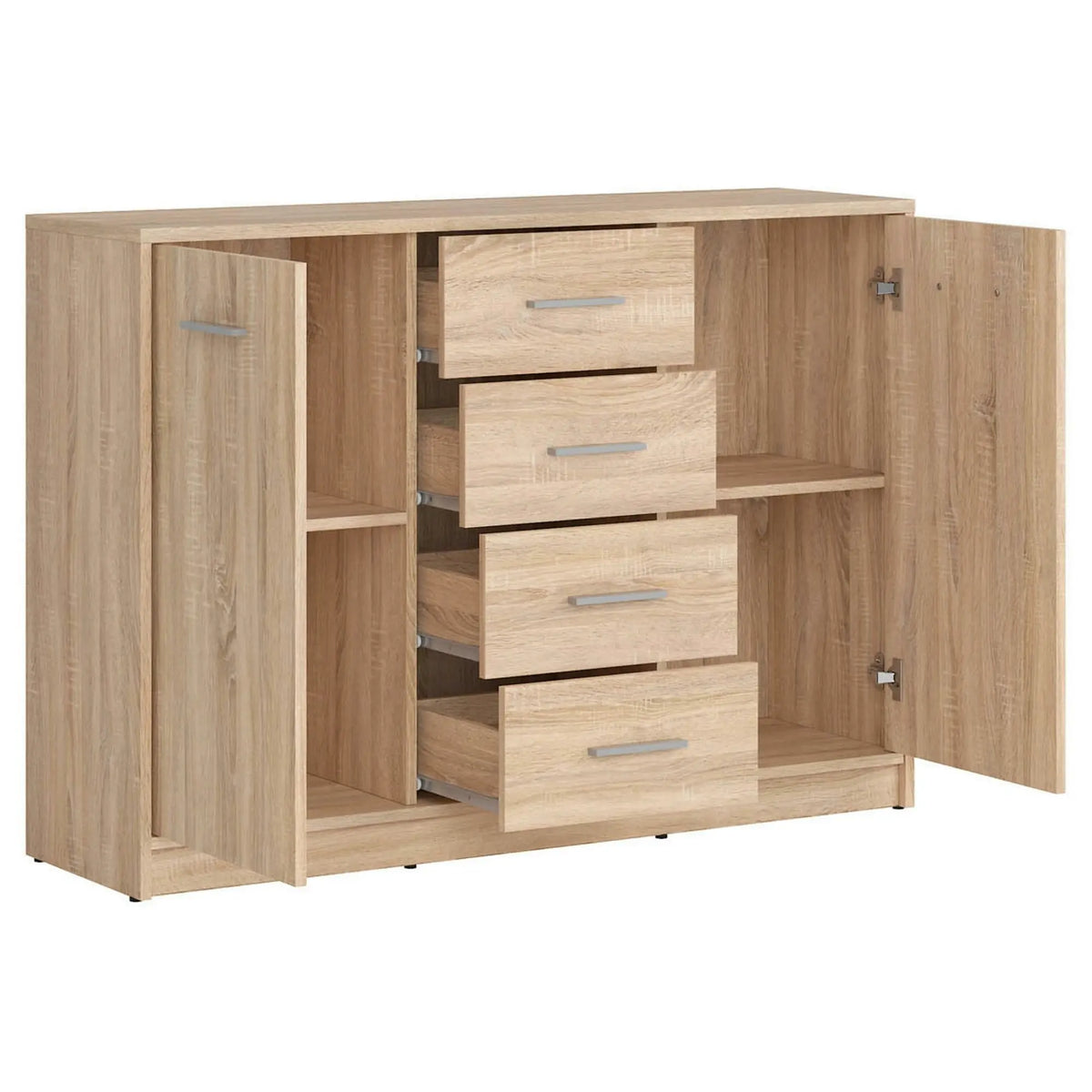 Set dormitor NEPO PLUS, stejar sonoma, pat 140x200, dulap cu 2 usi, 2 comode si noptiera