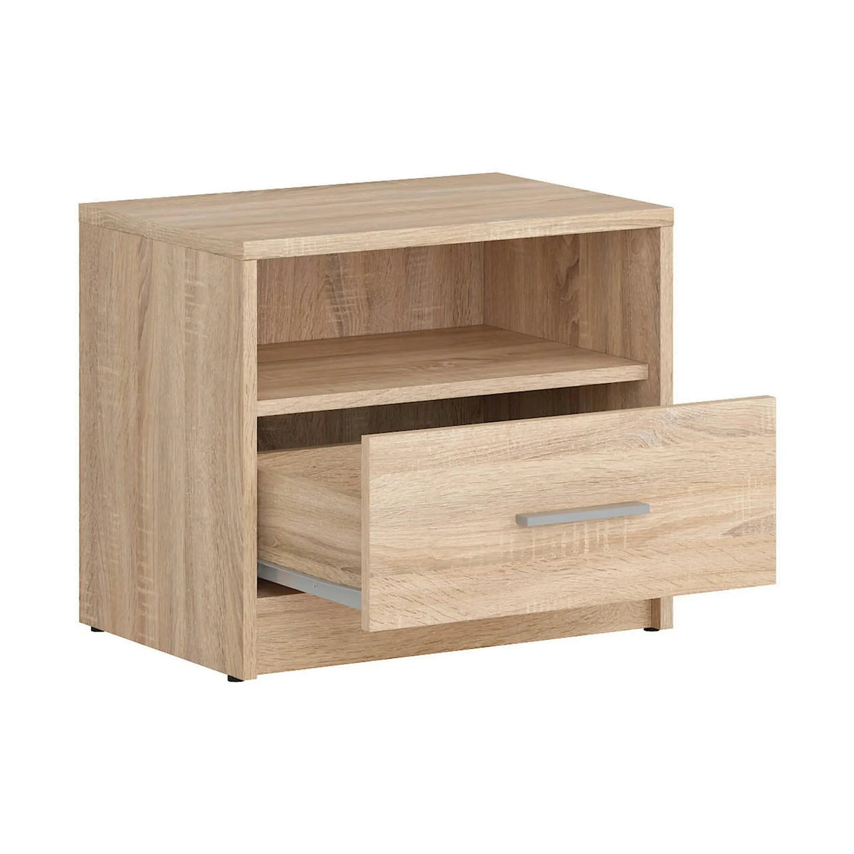 Set dormitor NEPO PLUS, stejar sonoma, pat 140x200, dulap cu 2 usi, 2 comode si noptiera