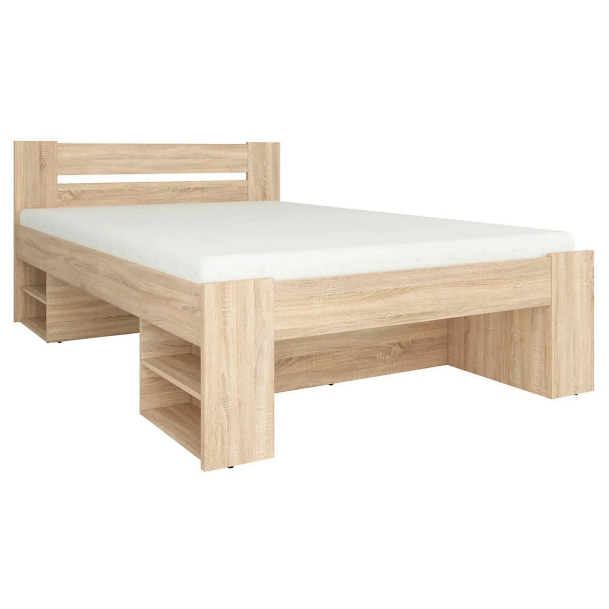 Set dormitor NEPO PLUS, stejar sonoma, pat 140x200, dulap cu 2 usi, 2 comode si noptiera