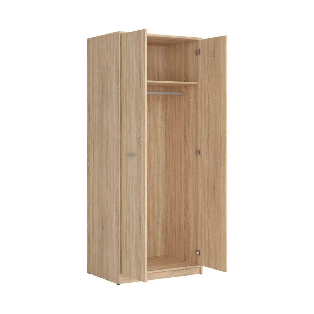 Set dormitor NEPO PLUS, stejar sonoma, pat 140x200, dulap cu 2 usi, 2 comode si noptiera