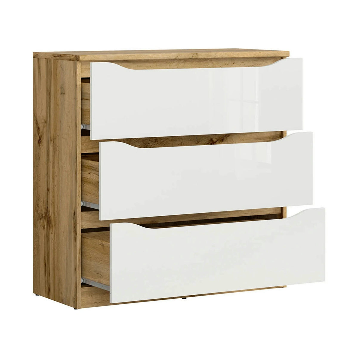 Set dormitor NUIS, stejar wotan/alb lucios, pat 160x200, dulap cu 4 usi, 2 noptiere si o comoda