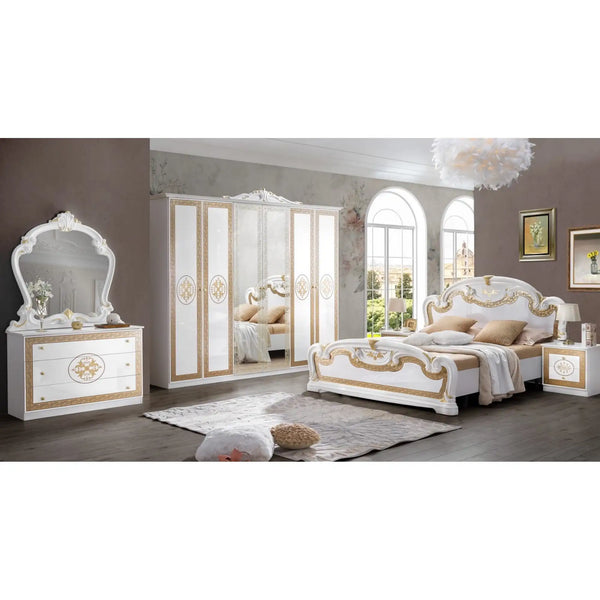 Set dormitor PALOMA, alb/auriu, pat 160x200 cm, dressing, 2 noptiere, comoda si oglinda