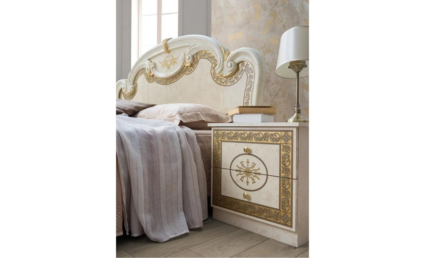Set dormitor PALOMA, alb/auriu, pat 160x200 cm, dressing, 2 noptiere, comoda si oglinda