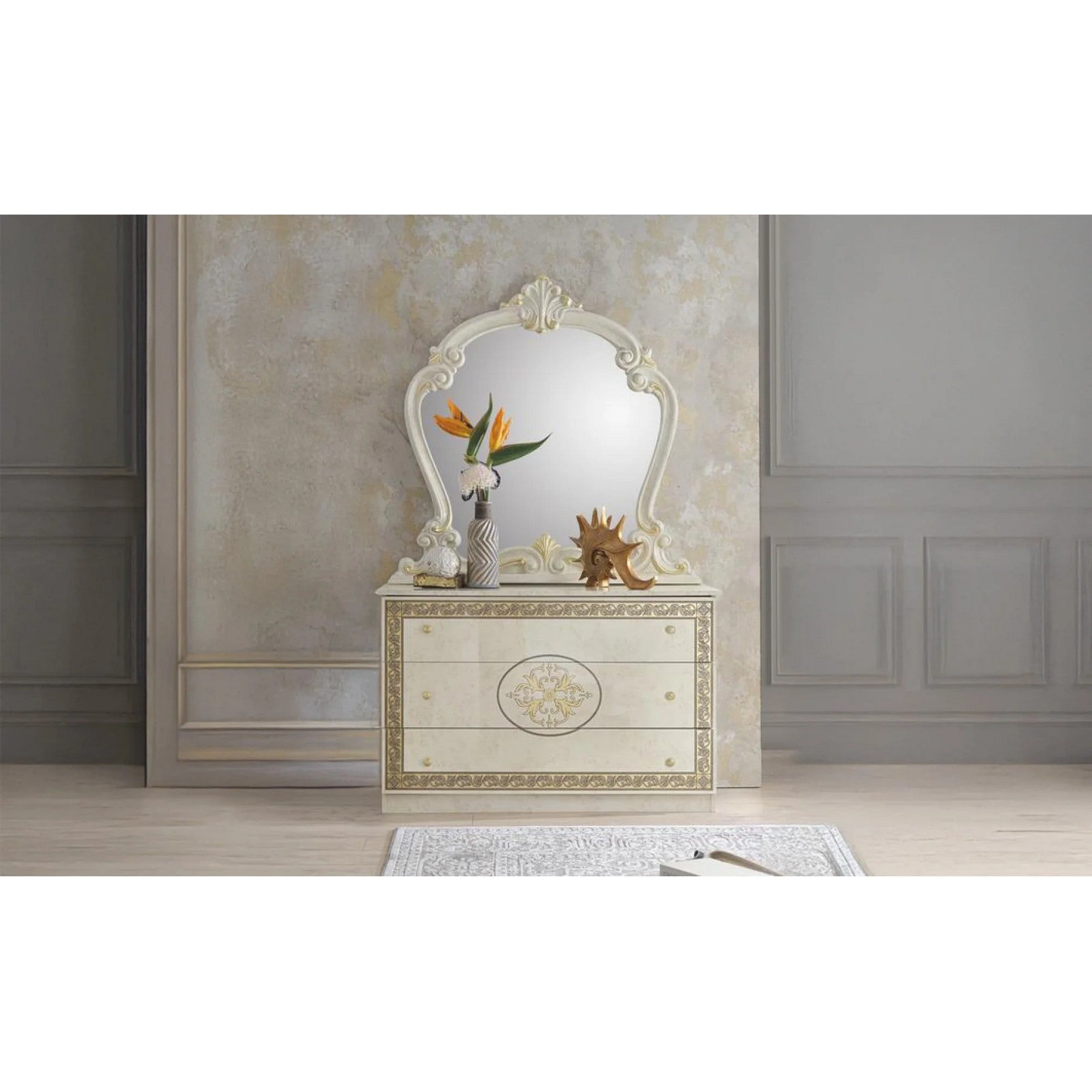 Set dormitor PALOMA, alb/auriu, pat 160x200 cm, dressing, 2 noptiere, comoda si oglinda