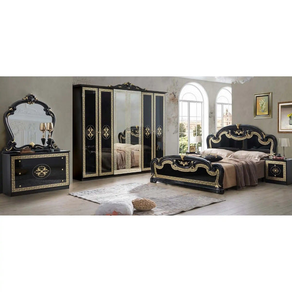 Set dormitor PALOMA, negru/auriu, pat 160x200 cm, dressing, 2 noptiere, comoda si oglinda