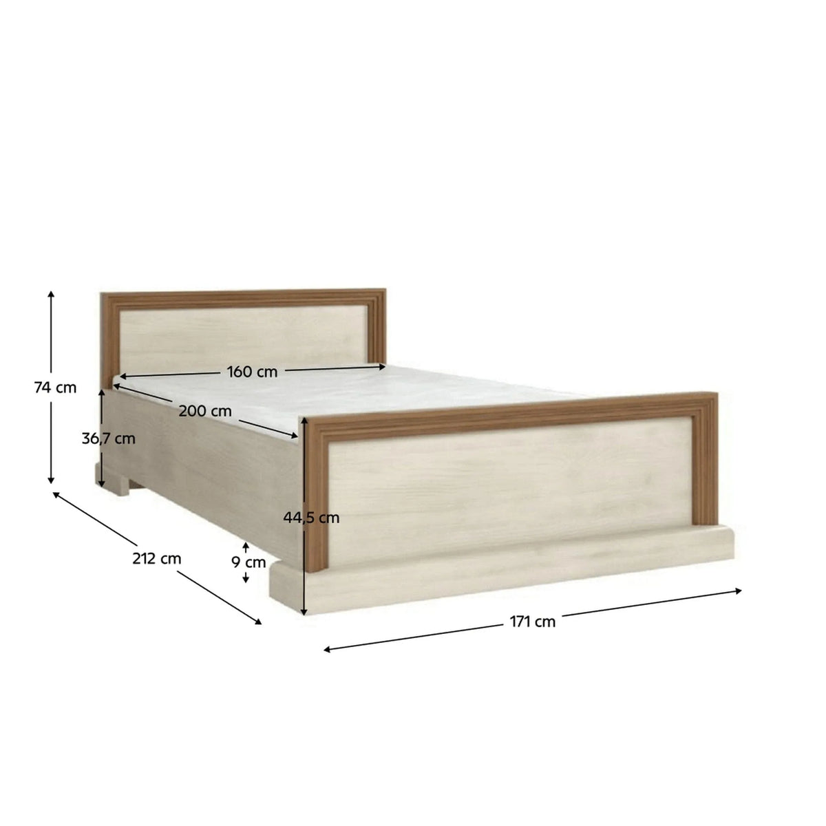 Mobila dormitor stil scandinav ROYAL, pin nordic/stejar salbatic, PAL laminat/metal, cu pat 160x200, somiera, dulap cu 3 usi si 2 noptiere