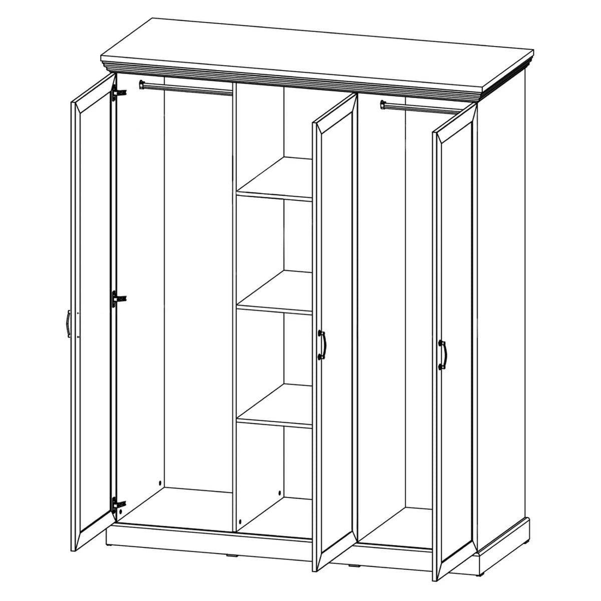 Mobila dormitor stil scandinav ROYAL, pin nordic/stejar salbatic, PAL laminat/metal, cu pat 160x200, somiera, dulap cu 3 usi si 2 noptiere