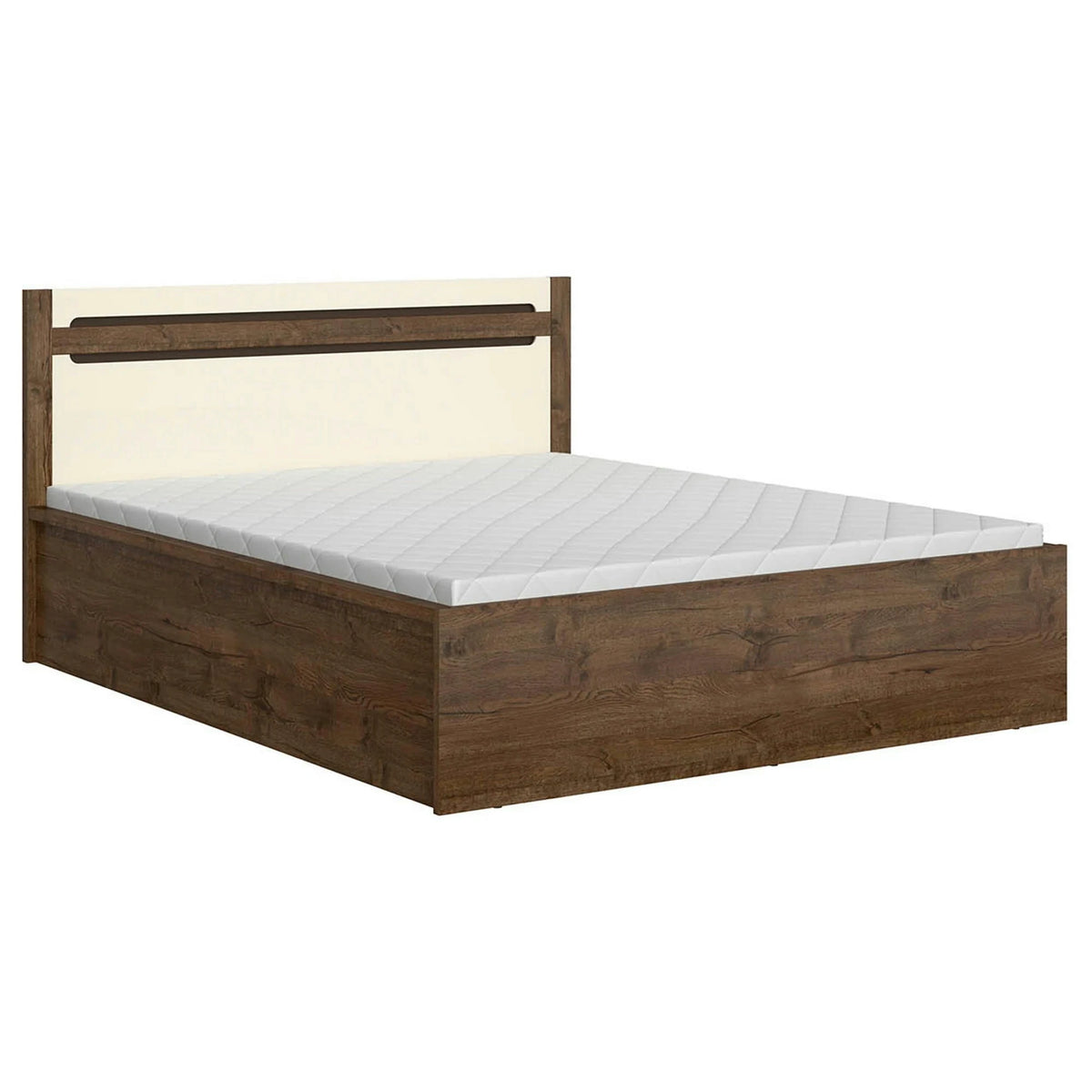 Set dormitor RUSO, stejar april/alb perla, pat 160x200, dulap cu 2 usi si un sertar, 2 noptiere si polita