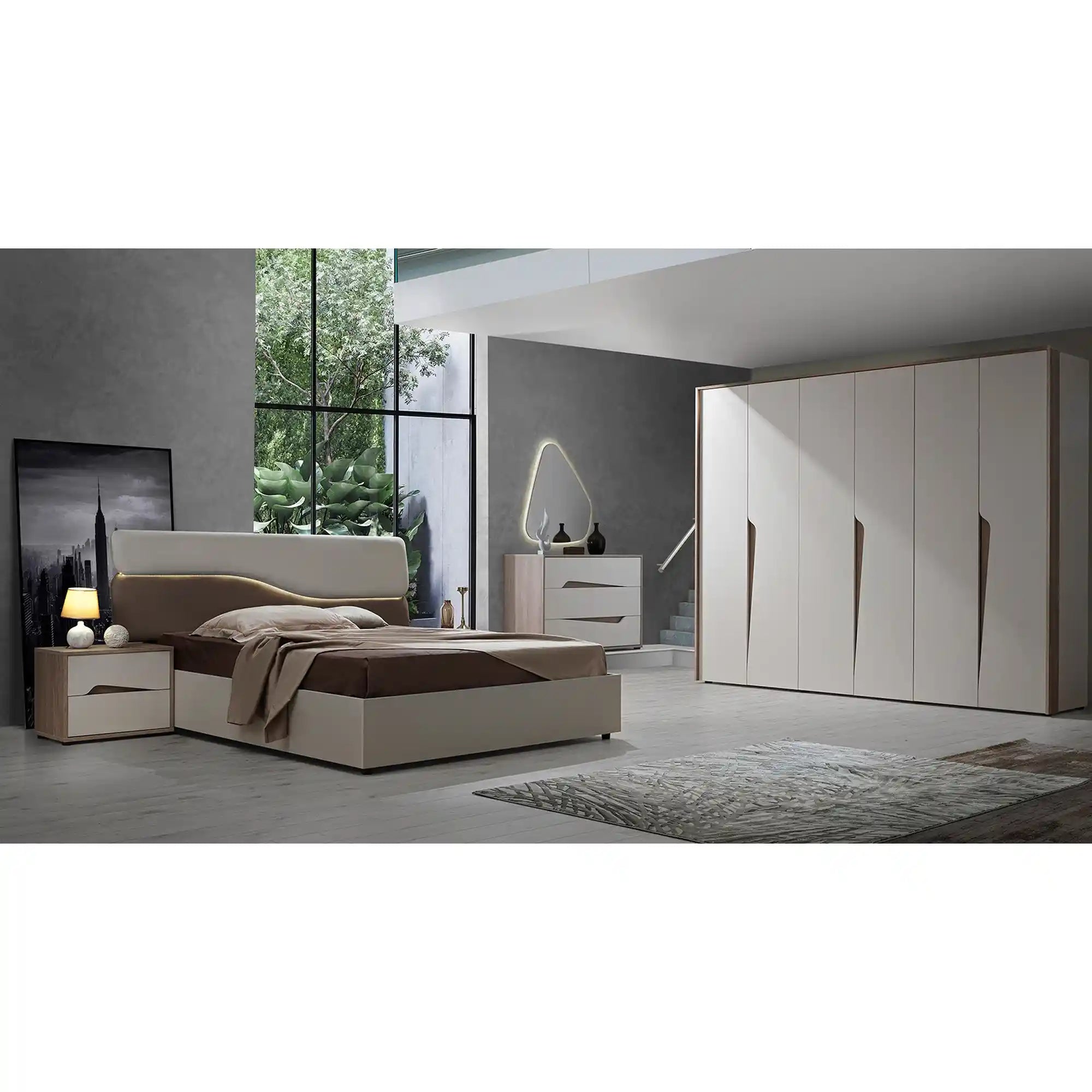 Set dormitor SOLEIL, crem/stejar, cadru pat 160x200 cm, dressing, 2 noptiere, comoda, oglinda si iluminare LED
