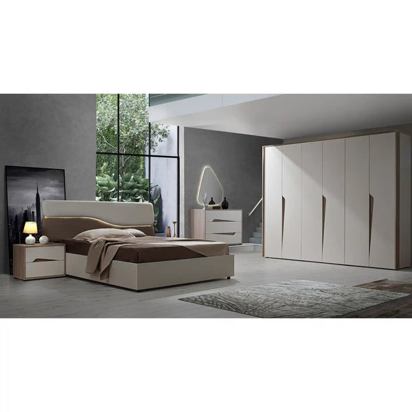 Set dormitor SOLEIL, crem/stejar, cadru pat 160x200 cm, dressing, 2 noptiere, comoda, oglinda si iluminare LED