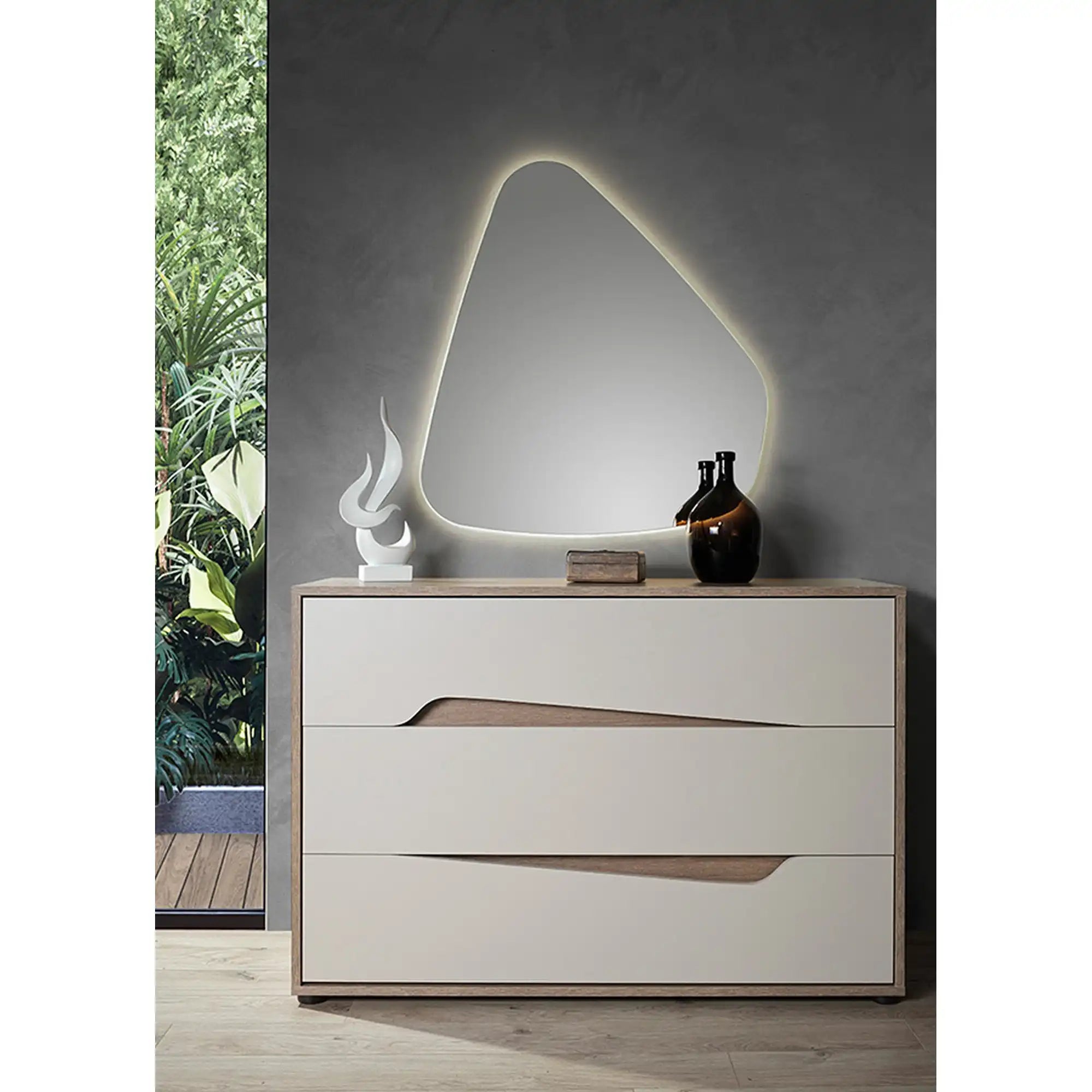 Set dormitor SOLEIL, crem/stejar, cadru pat 160x200 cm, dressing, 2 noptiere, comoda, oglinda si iluminare LED