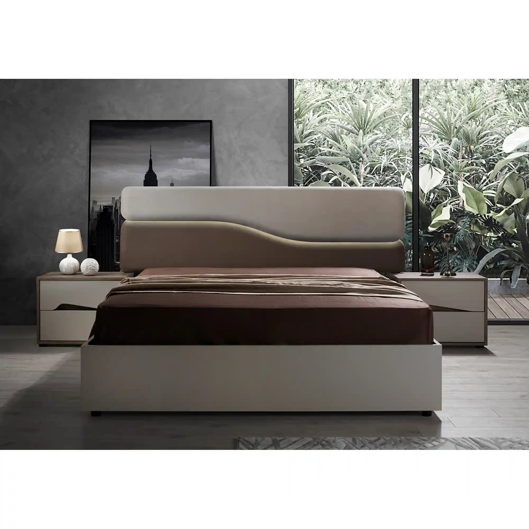 Set dormitor SOLEIL, crem/stejar, cadru pat 160x200 cm, dressing, 2 noptiere, comoda, oglinda si iluminare LED
