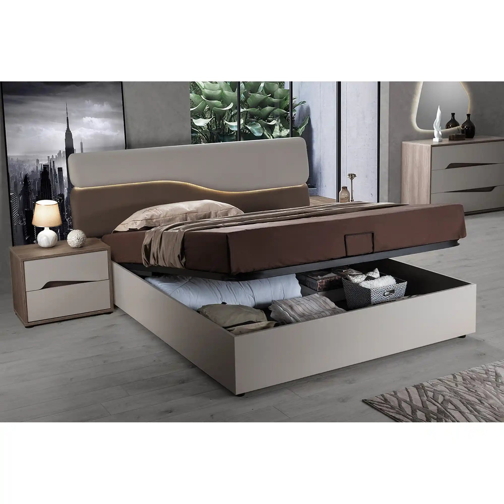 Set dormitor SOLEIL, crem/stejar, cadru pat 160x200 cm, dressing, 2 noptiere, comoda, oglinda si iluminare LED