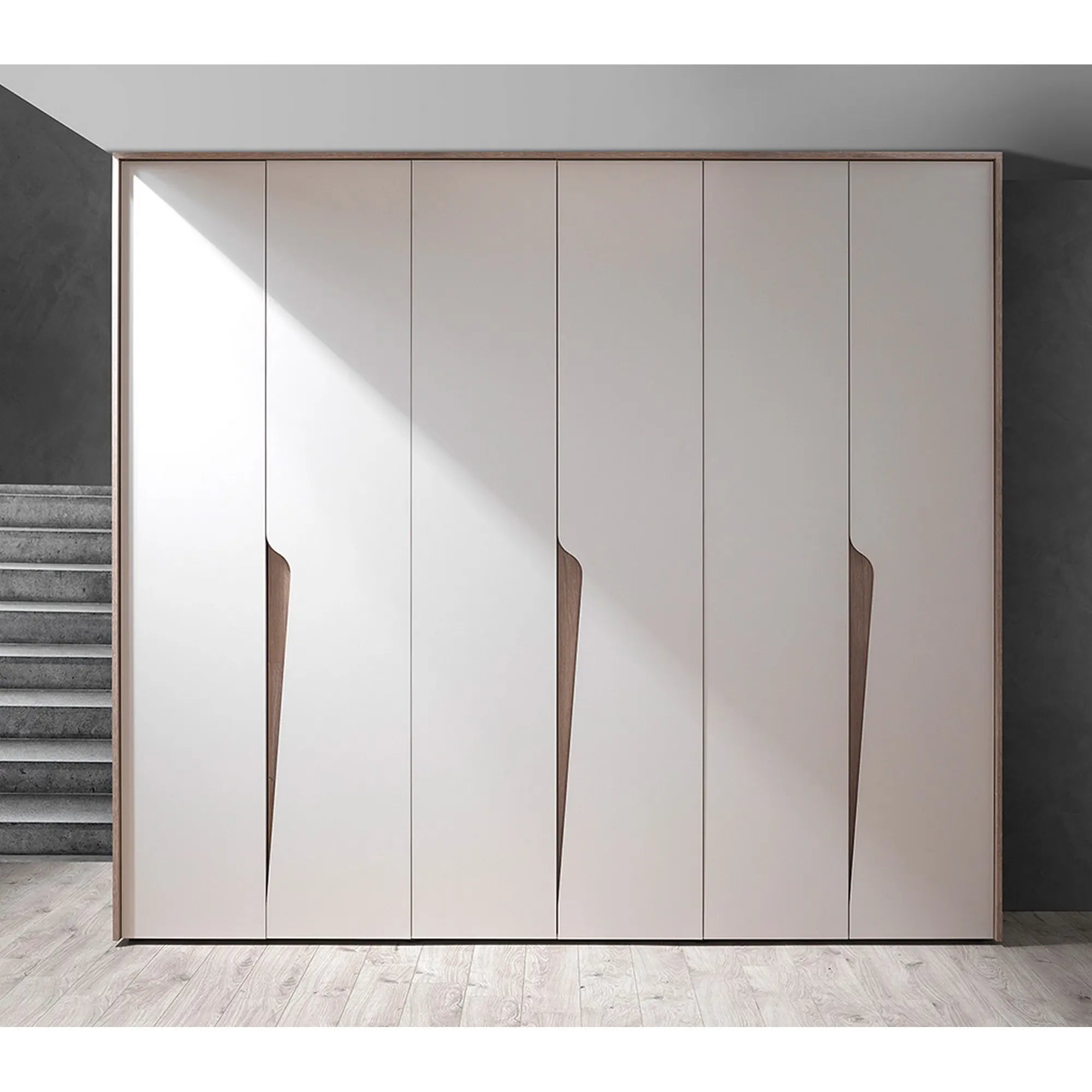 Set dormitor SOLEIL, crem/stejar, cadru pat 160x200 cm, dressing, 2 noptiere, comoda, oglinda si iluminare LED