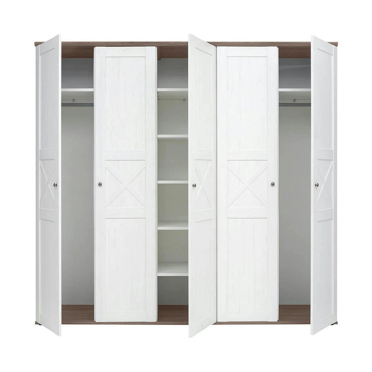 Set dormitor STOCKHOLM, pin alb andersen/stejar sonoma, pat 160x200, dulap cu 5 usi, 2 noptiere si comoda