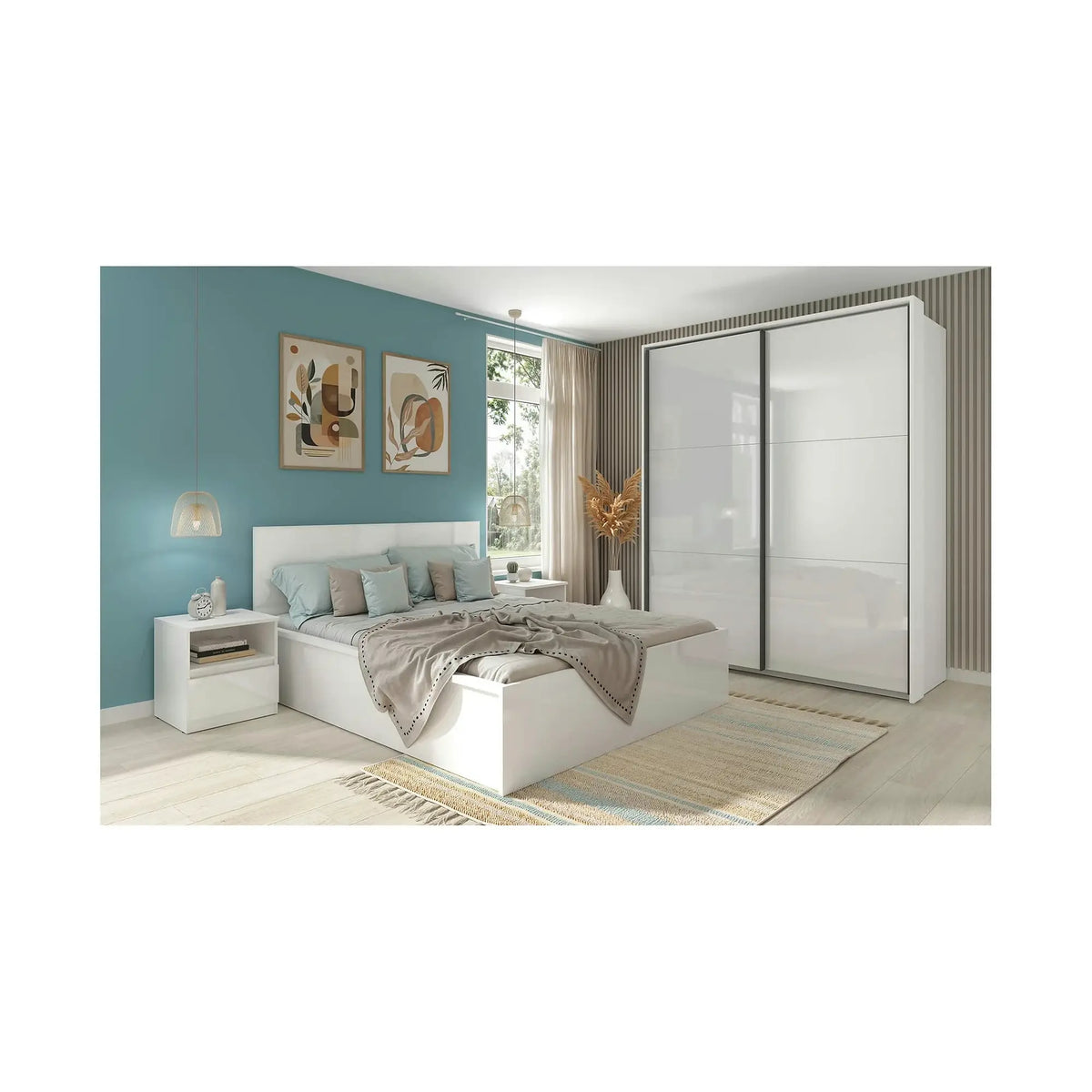 Set dormitor TETRIX 2, alb, pat 160x200, dulap cu 2 usi si 2 noptiere