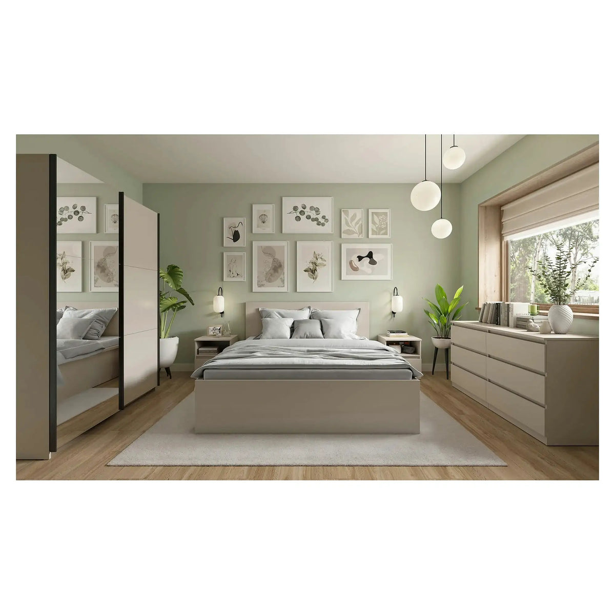 Set dormitor TETRIX, casmir, pat 160x200, dulap cu 2 usi, 2 noptiere si o comoda