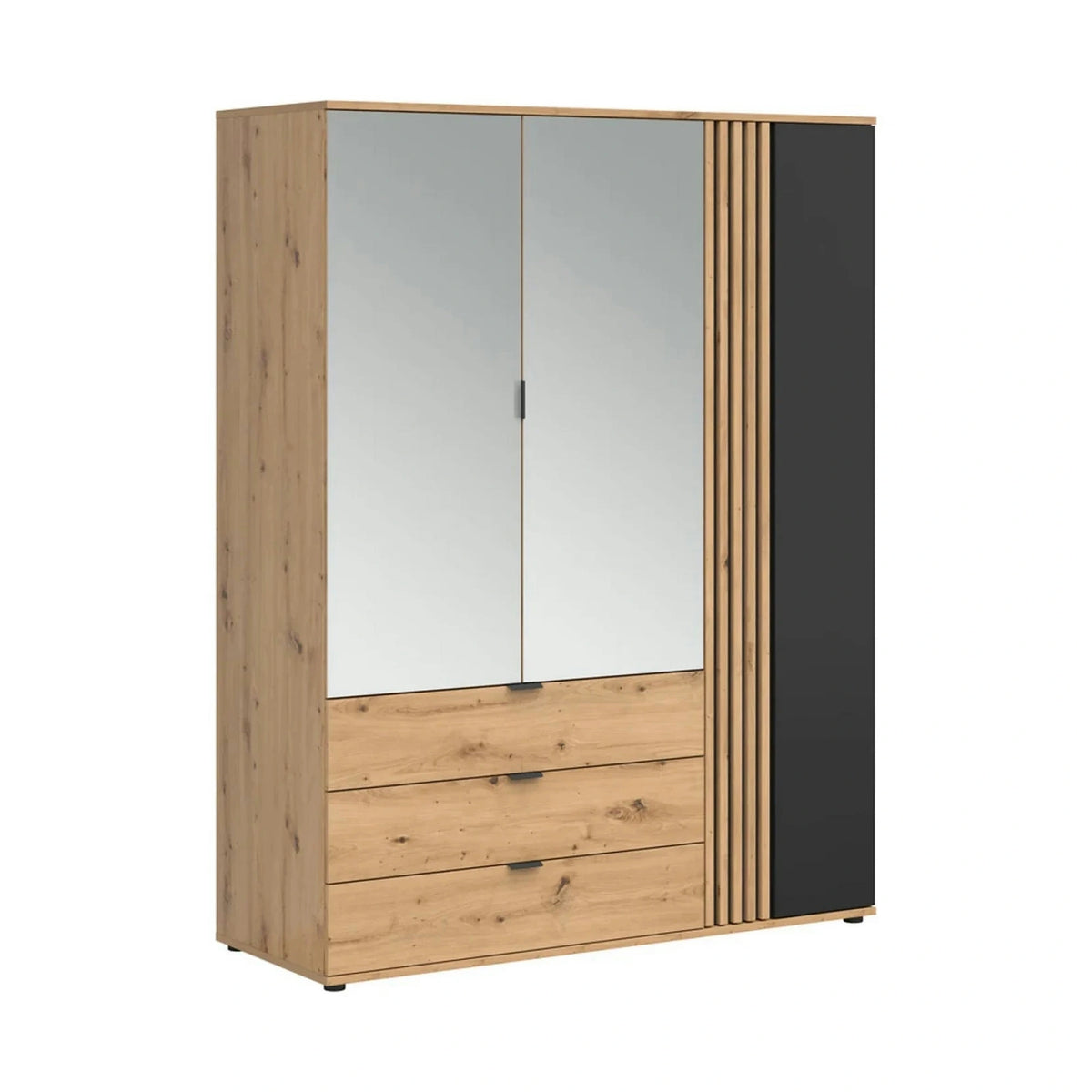 Set dormitor VABRES, stejar artisan/negru mat, pat 160x200, dulap cu 3 usi si 3 sertare, 2 noptiere si o comoda