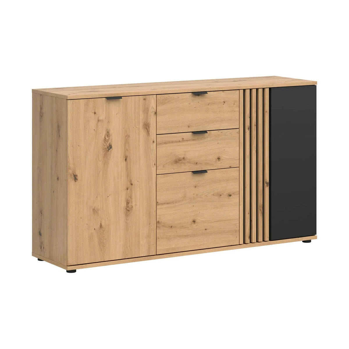 Set dormitor VABRES, stejar artisan/negru mat, pat 160x200, dulap cu 3 usi si 3 sertare, 2 noptiere si o comoda