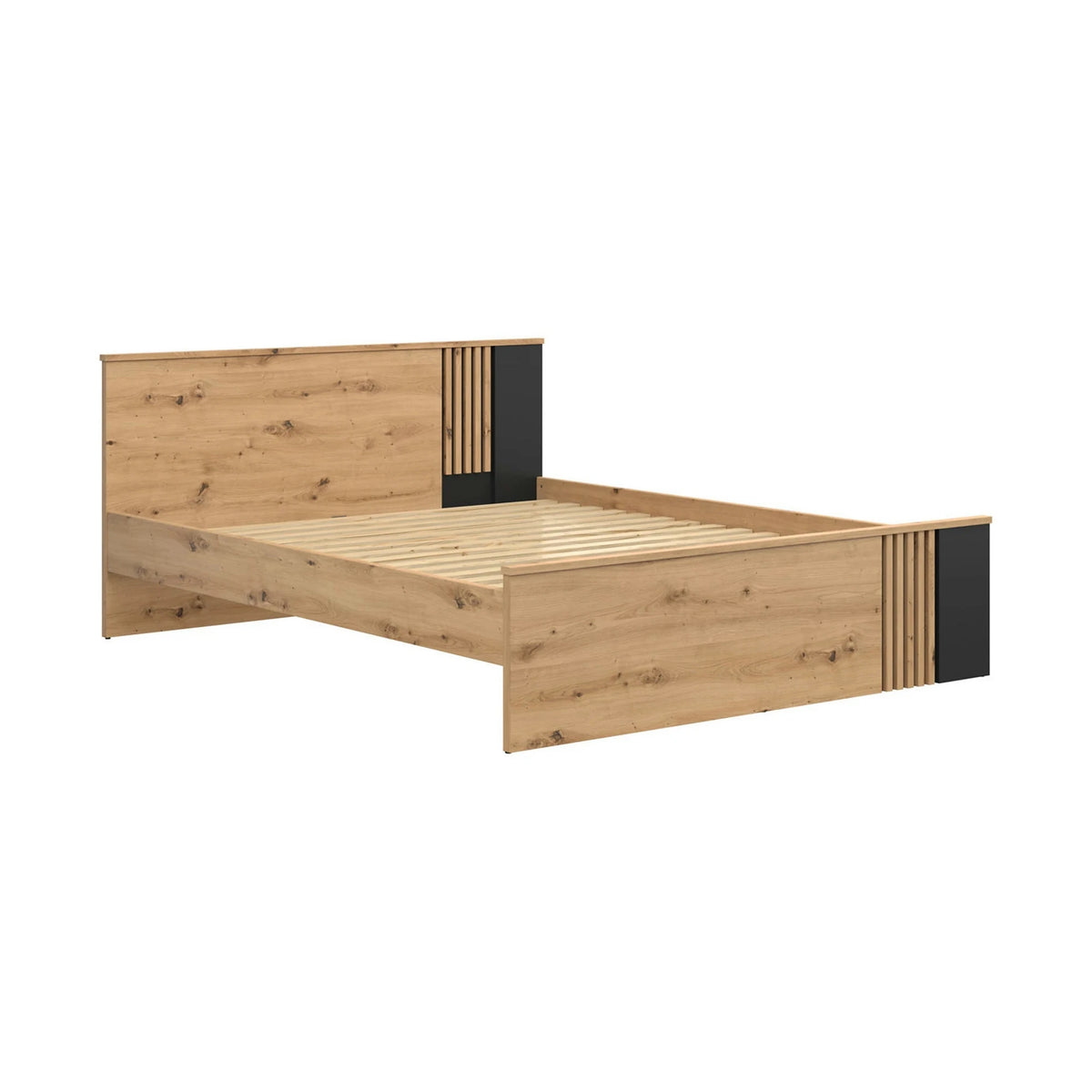 Set dormitor VABRES, stejar artisan/negru mat, pat 160x200, dulap cu 3 usi si 3 sertare, 2 noptiere si o comoda
