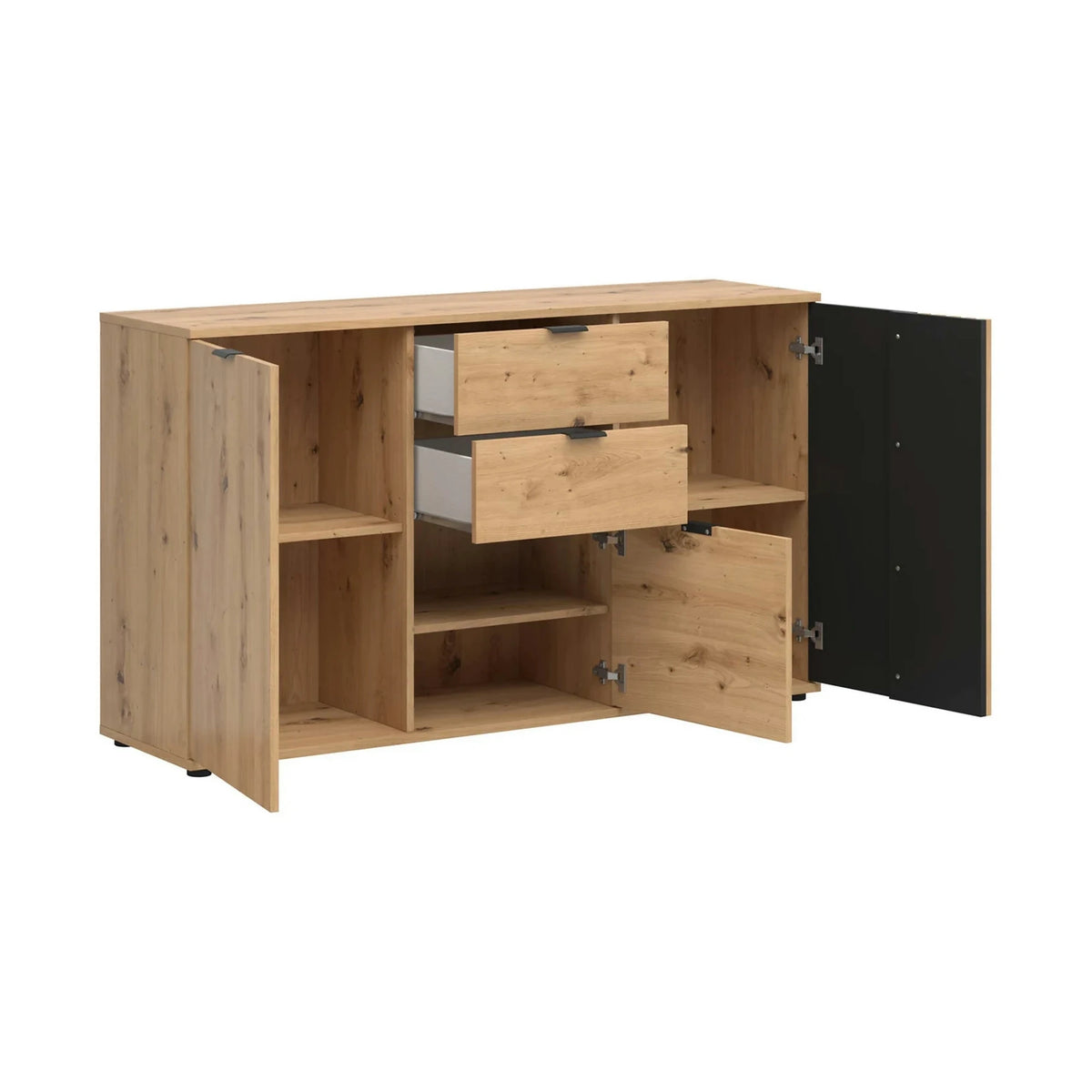 Set dormitor VABRES, stejar artisan/negru mat, pat 160x200, dulap cu 3 usi si 3 sertare, 2 noptiere si o comoda