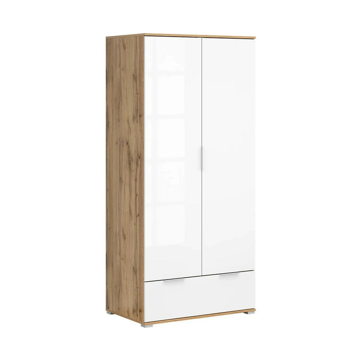Set dormitor ZELE 2, stejar wotan/alb, pat 160x200, dulap 2 usi si un sertar, 2 noptiere si comoda