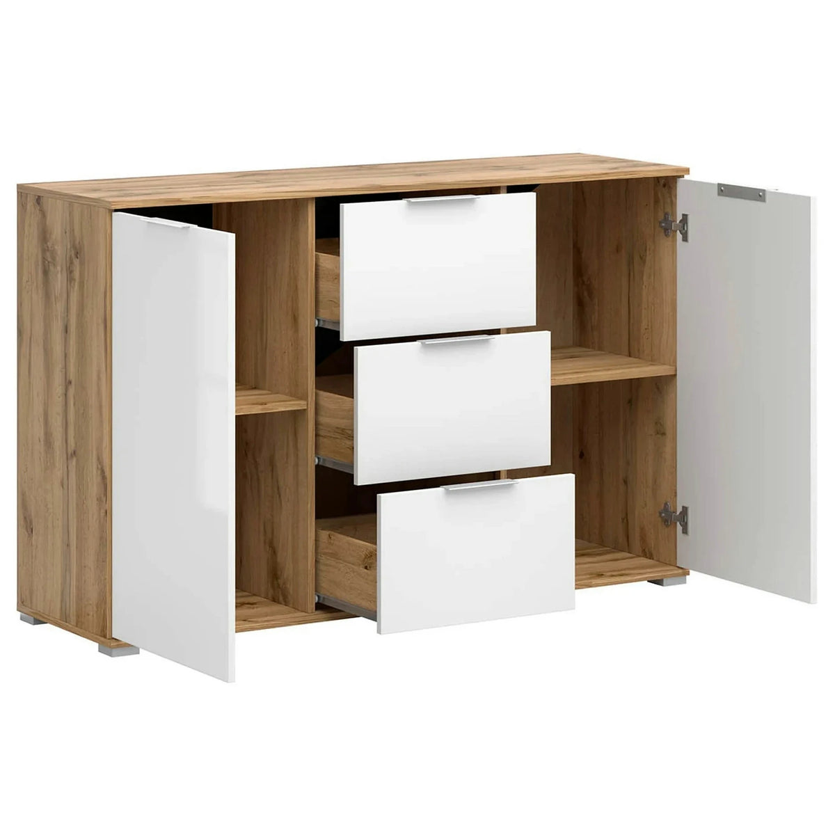 Set dormitor ZELE 2, stejar wotan/alb, pat 160x200, dulap 2 usi si un sertar, 2 noptiere si comoda